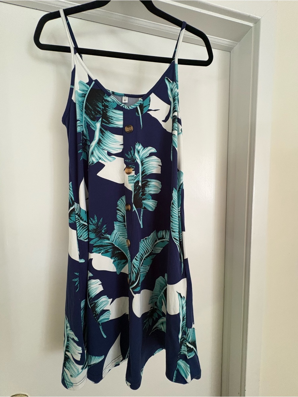 Navy Tropical Leaf Spaghetti Strap Button Swim Coverup